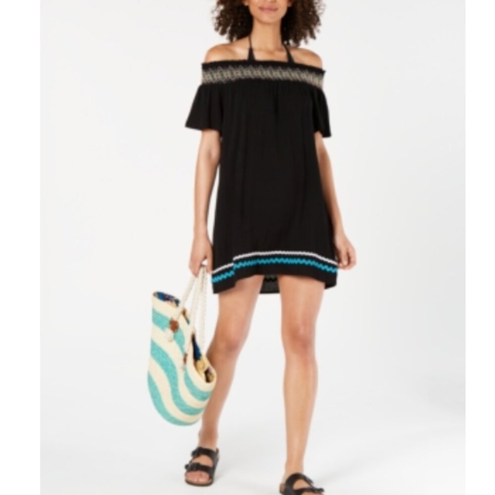 Miken Women S Embroidered Off-the-Shoulder Dress Swim Cover-up Black S 7701